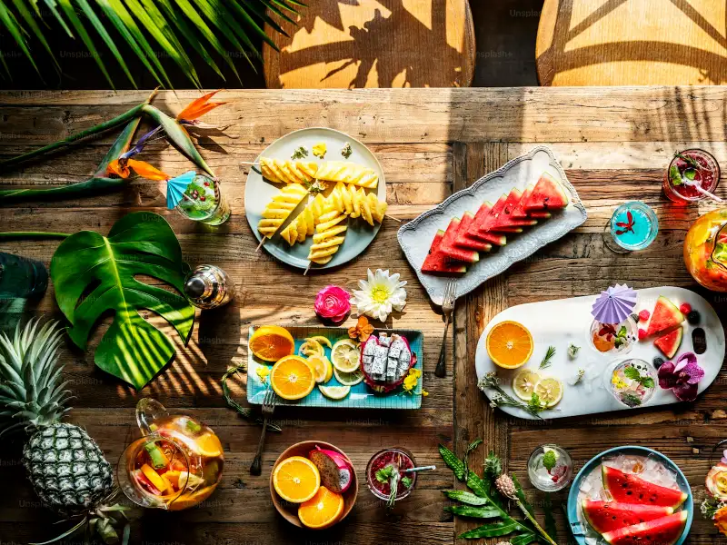Tropical fruit spread on a wooden table – dining experience in Drake Bay Costa Rica